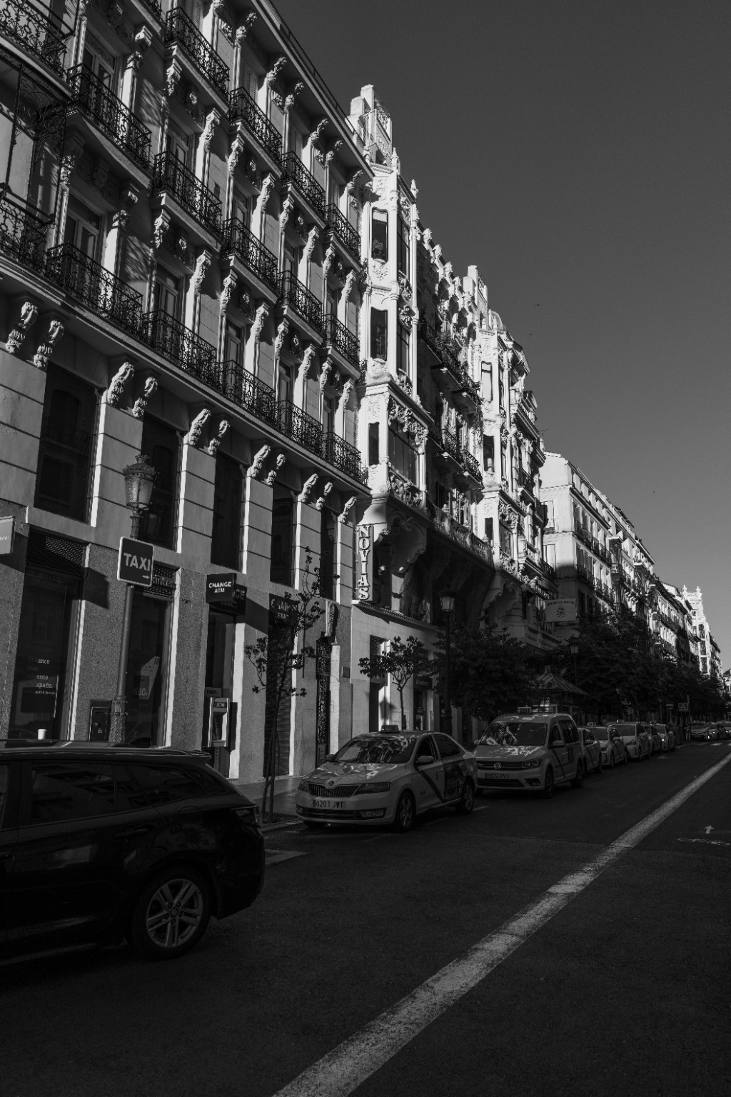 A line of ornate balconies and stone facades recedes along a sunlit street in black and white. Madrid, Spain.
